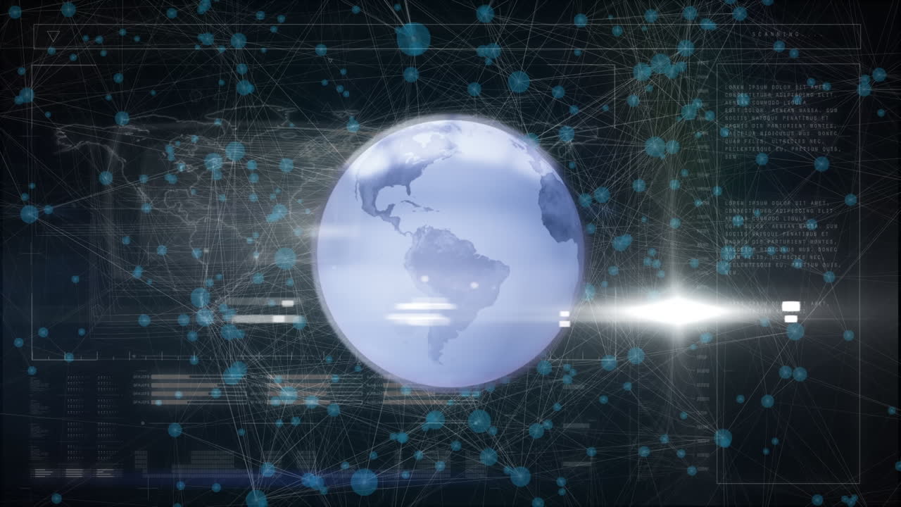 Animation of light spot and spinning globe against network of connections and data processing