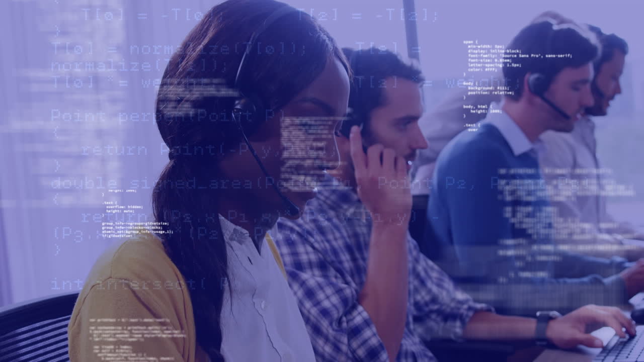 Animation of data processing over diverse business people wearing phone headsets