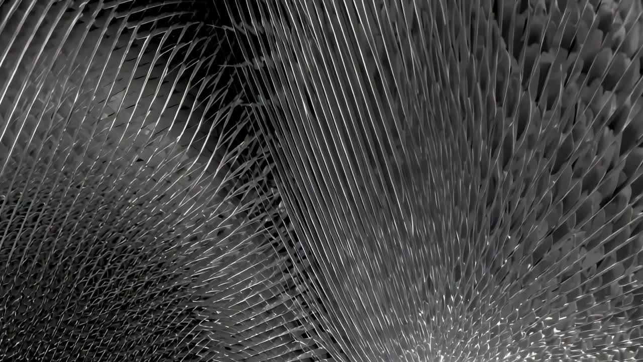 Dense metallic fins pausing then rippling left to right in abstract digital space and forming grid