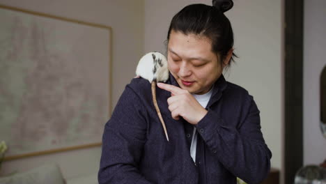 man playing with rats