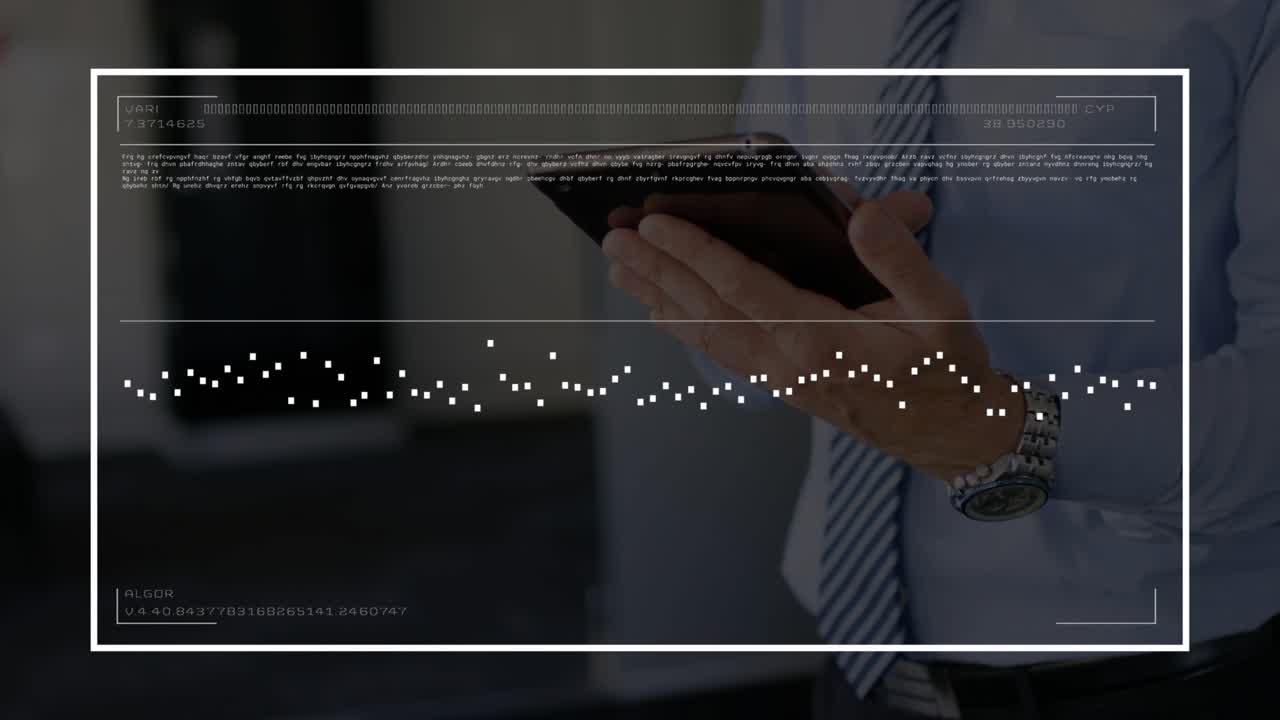 Businessman tapping device HUD appearing as dots, trendline and area chart updating for analytics