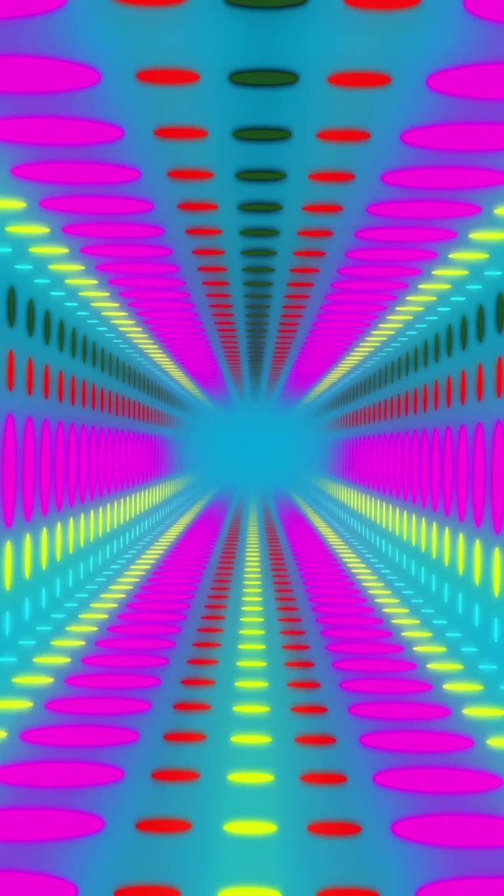 Animazione di un motivo astratto di cerchi al neon in movimento su sfondo blu.