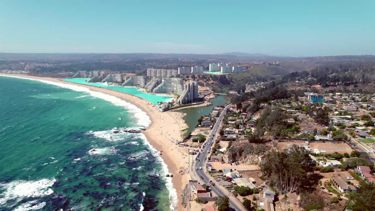 The Crystal Lagoon at San Alfonso del Mar Chile Idyllic Large Blue Swimming Pool, Biggest in the World Alongside Algarrobo Beach, Aerial Drone Panoramic View
