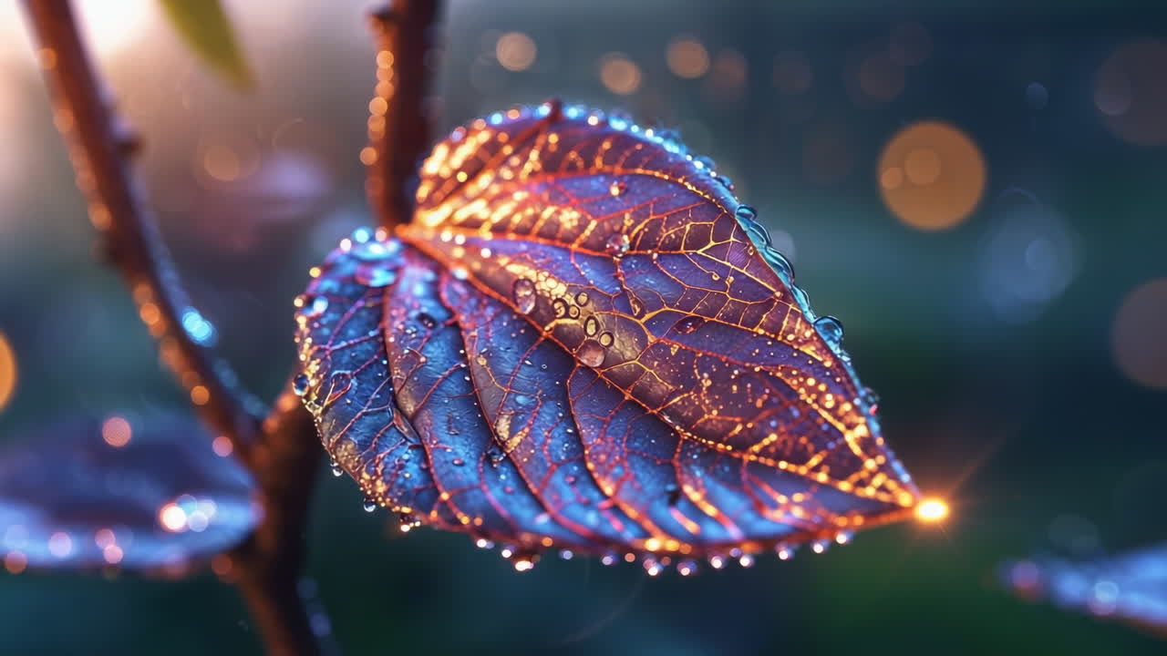 Ethereal Leaf with Glowing Water Droplets