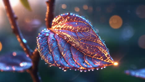 ethereal leaf with glowing water droplets