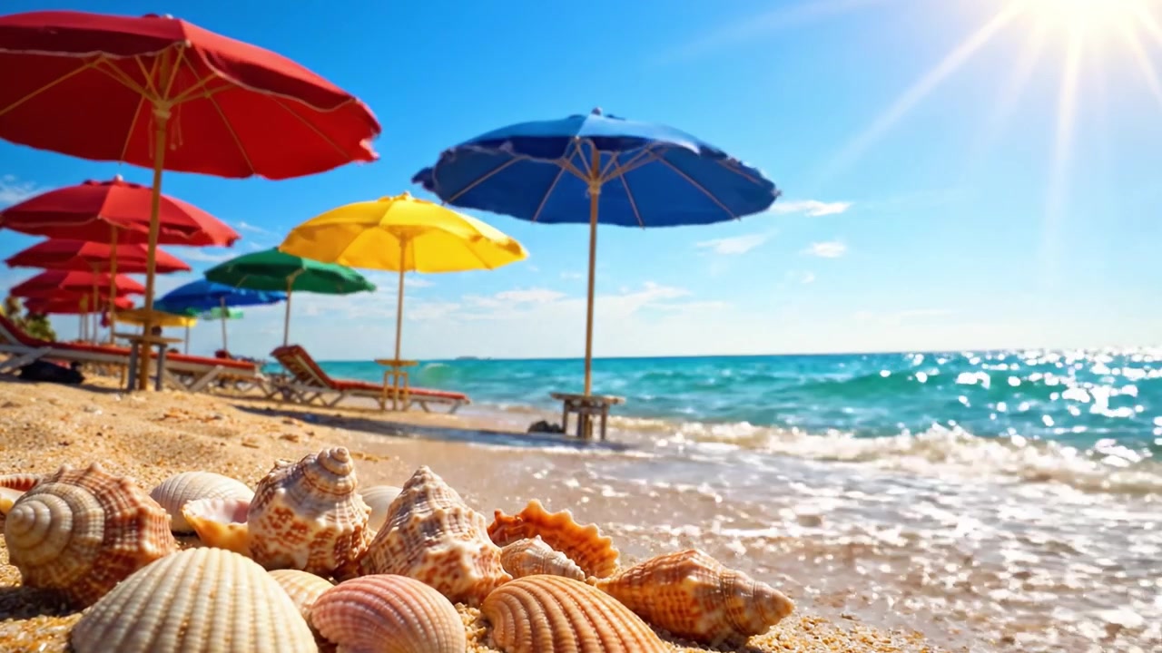 Een levendige dag op het strand: kleurrijke parasols en zandstranden onder een stralende zon, die de essentie van zomerse rust en kustontspanning vastlegt