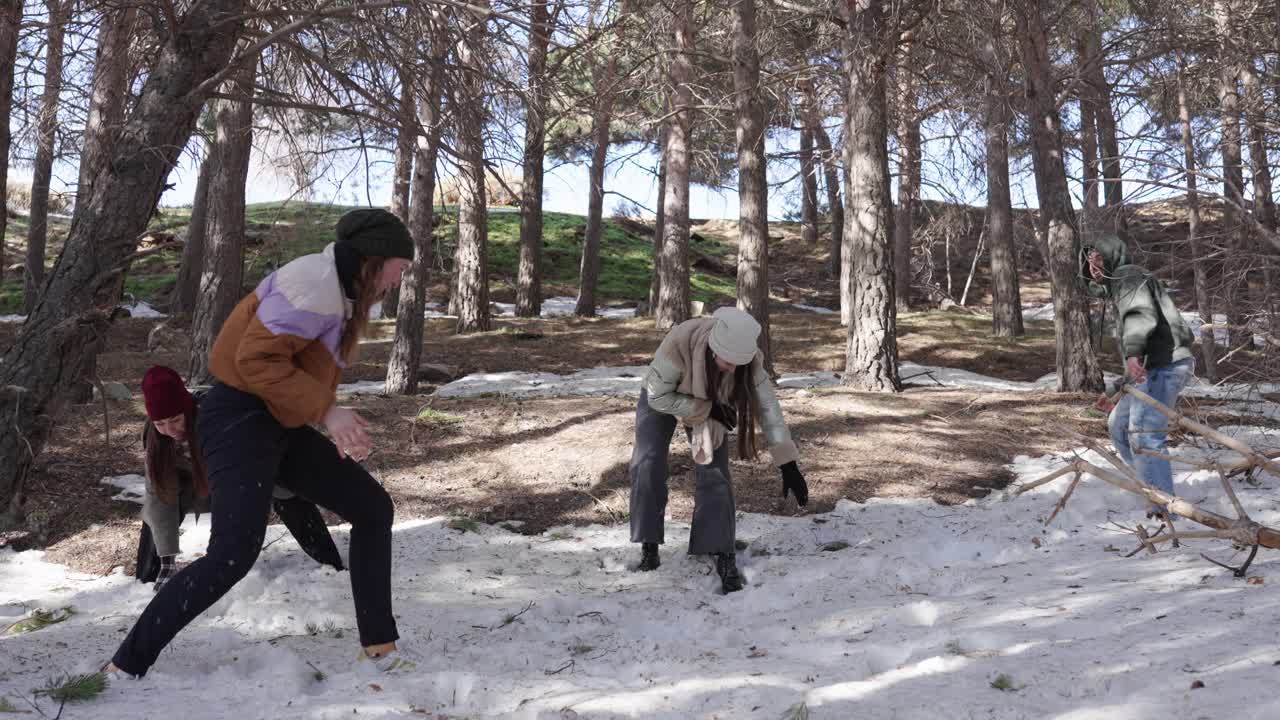 Friends Having a Snowball Fight in the Forest