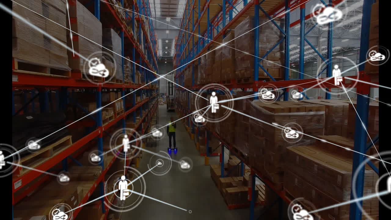 Navigating warehouse aisles, worker managing network connections and data processing