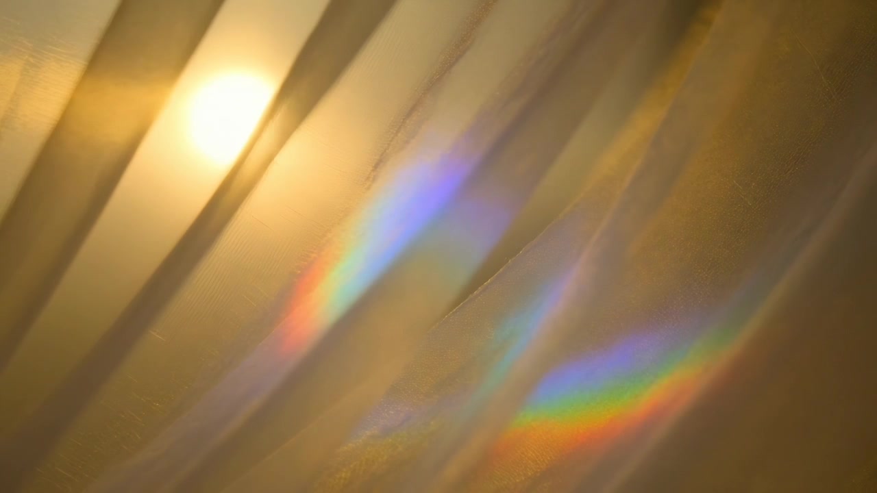 Disco solare che si sposta dietro la tenda alla finestra, con pieghe trasparenti che catturano bande arcobaleno sul tessuto