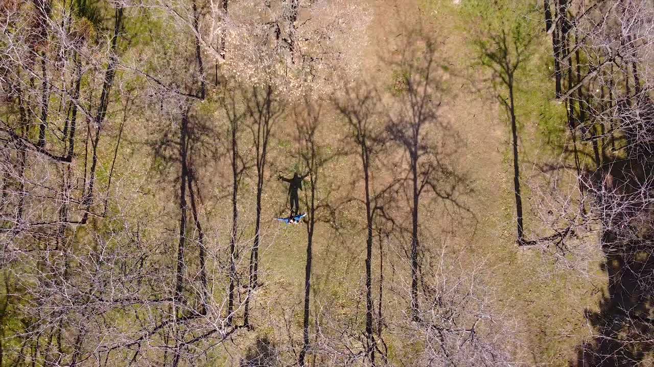 공원에 있는 키 큰 나무들 사이에서 원을 그리며 돌고 있는 소녀
