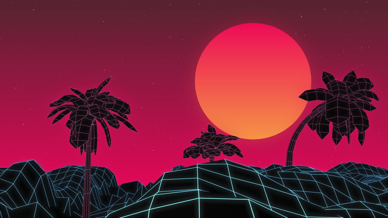 palmeras y montañas superficie de cuadrícula, animación de fondo, cielo rojo naranja. diseño de onda de vapor o onda retro