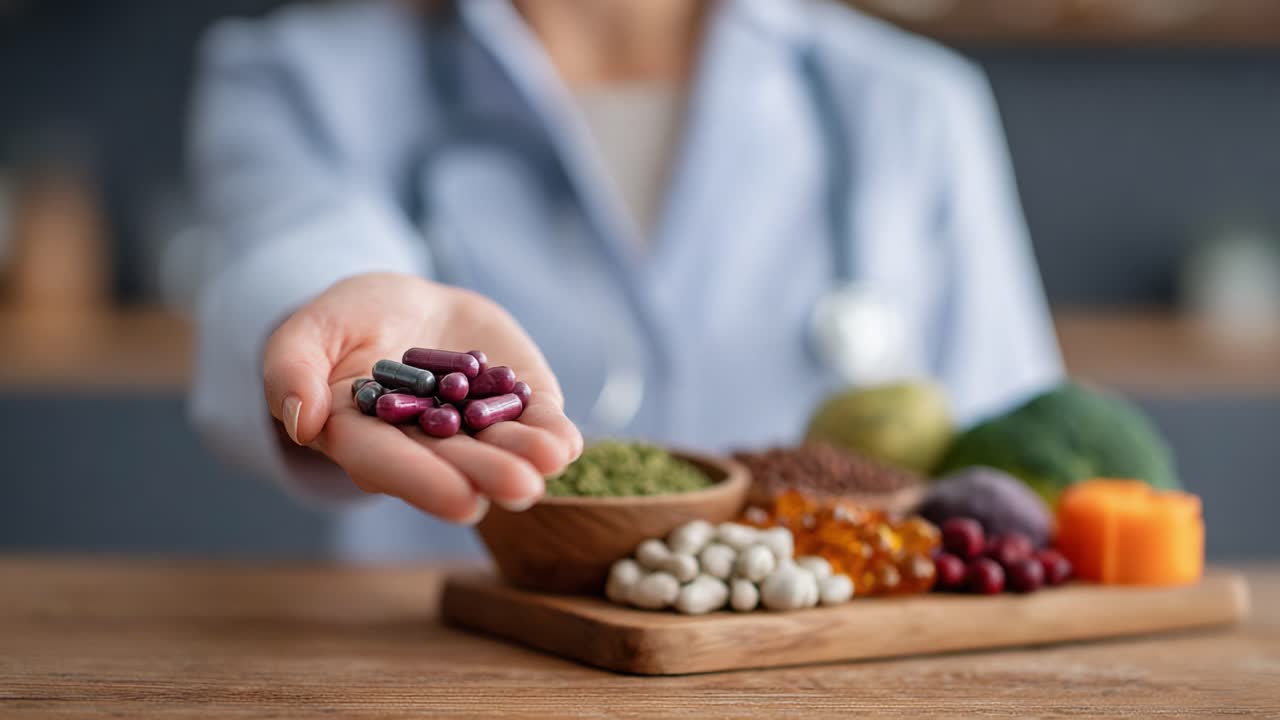 Esplorare gli integratori alimentari: focus su salute e benessere con diverse capsule e ingredienti naturali in un ambiente professionale