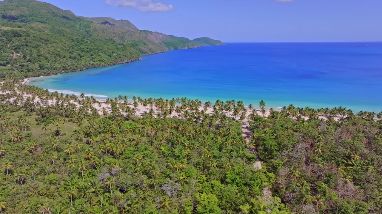 Vista Aérea Circular sobre a Praia de Playa Rincón e Água do Mar Turquesa na República Dominicana