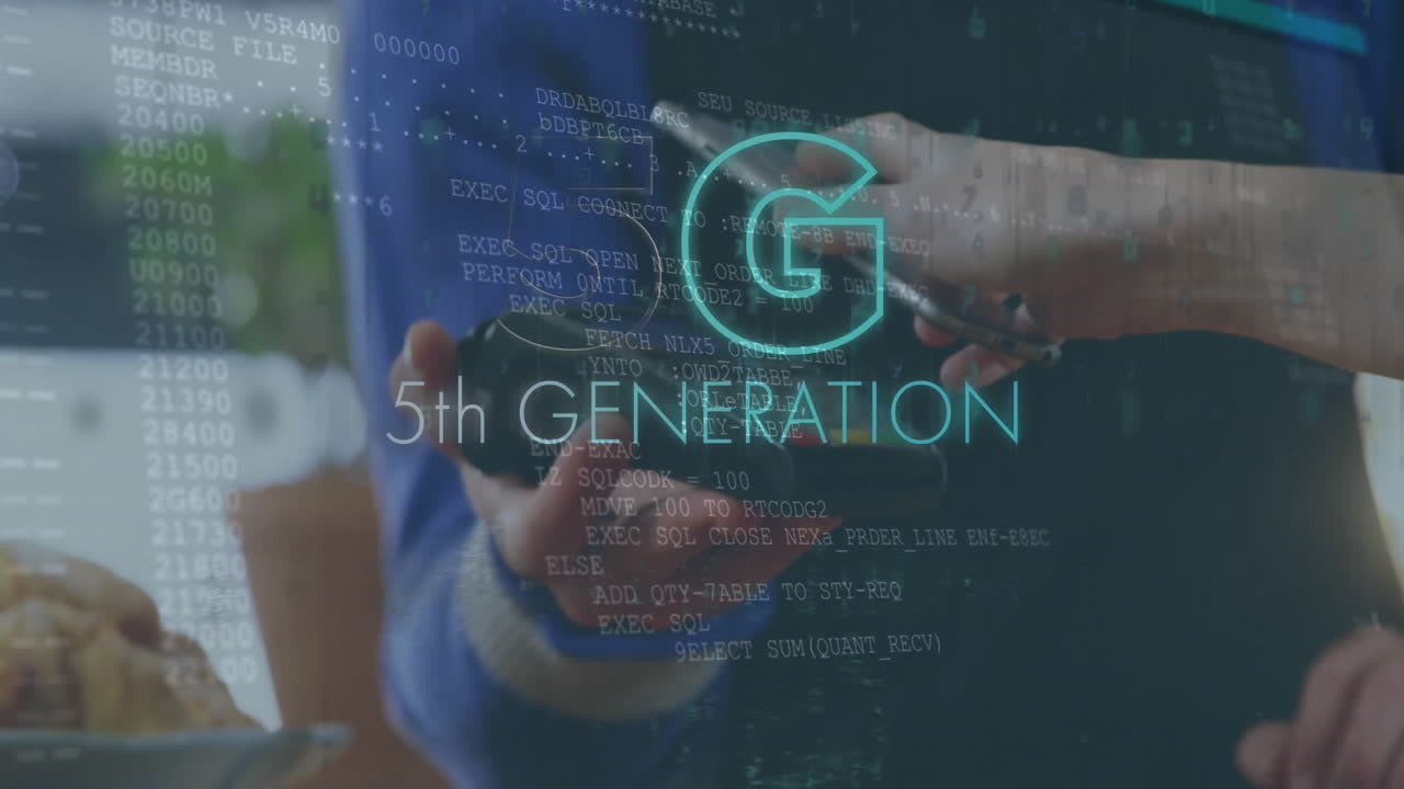 Animation of 5g text and data processing over contactless payment with smartphone on terminal