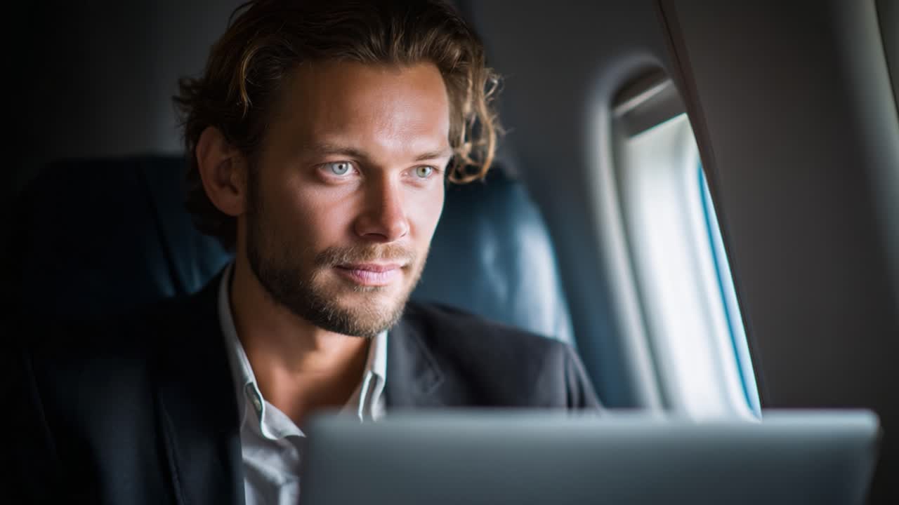 Businessman Working on Laptop While Traveling on Airplane, Showcasing Productivity and Focus in a Private Jet Cabin Environment