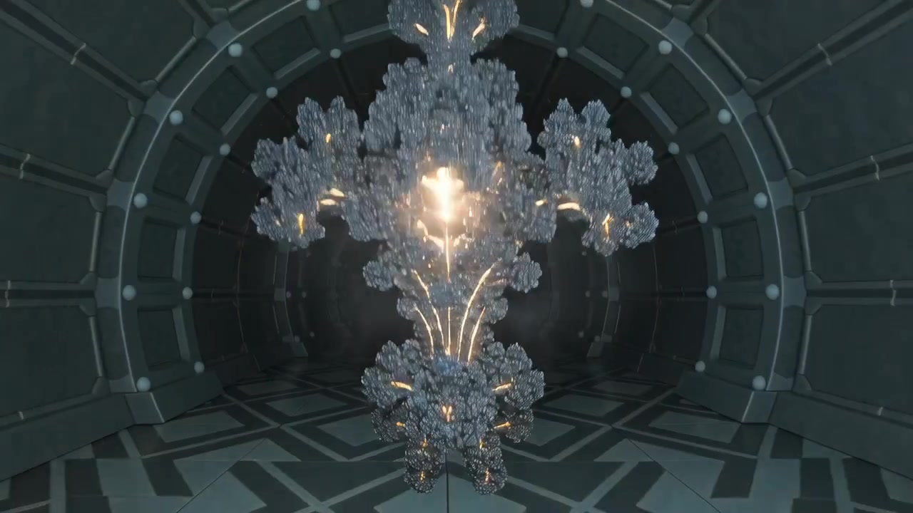 Evolving central fractal formation reacting to core pulse in ribbed tunnel, emitting sparks