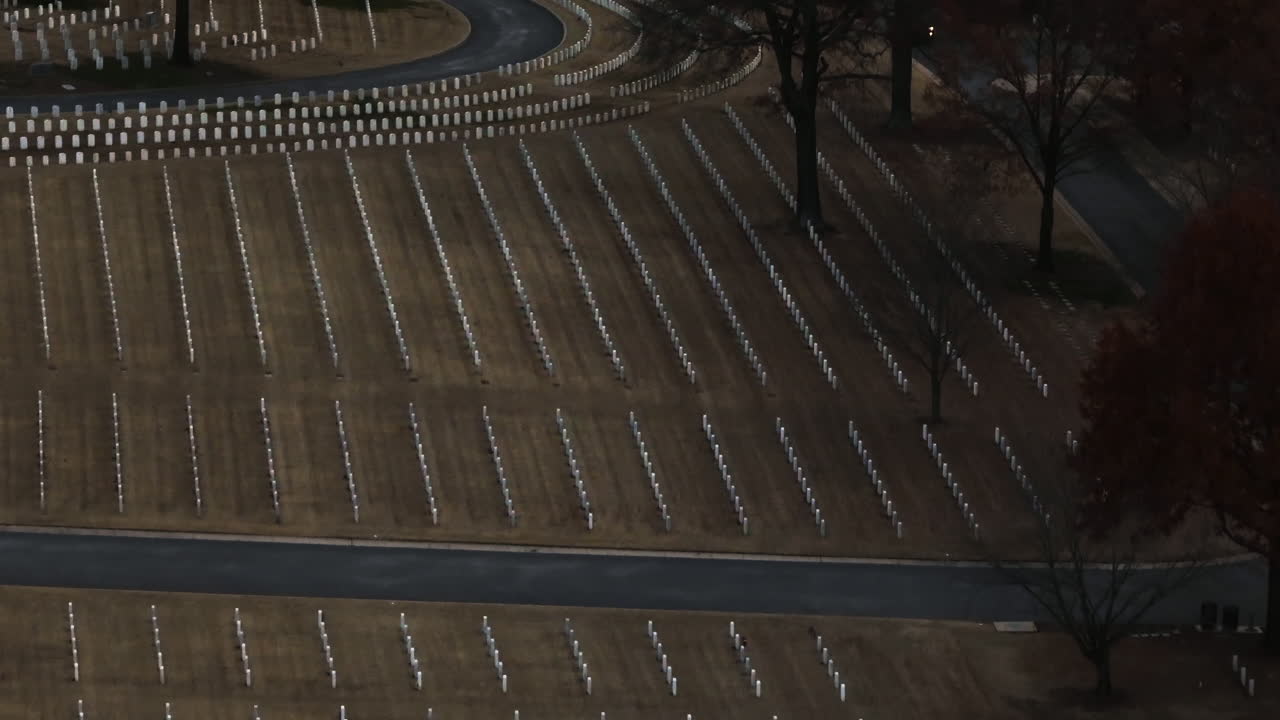 Bird's eye view aerial of Fayetteville cemetery with headstone in rows, Arkansas