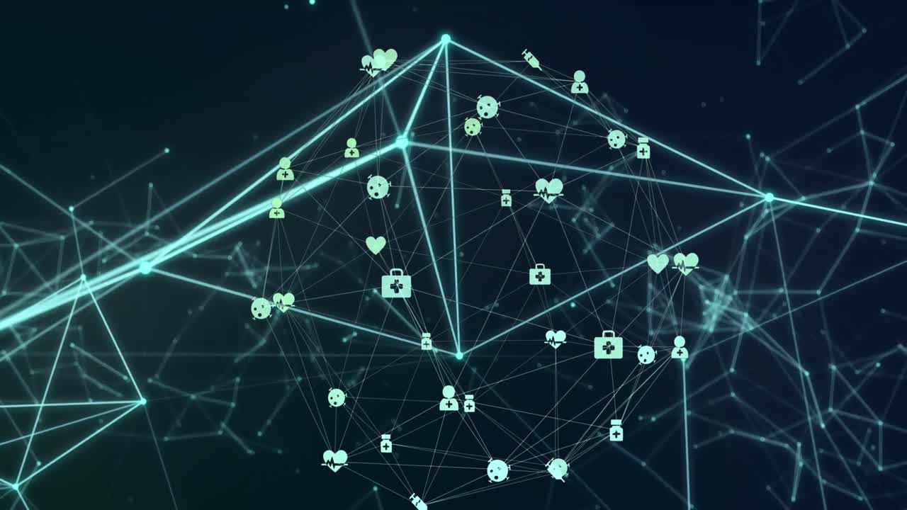 Animation of medical icons connecting with lines and forming globe over connected dots
