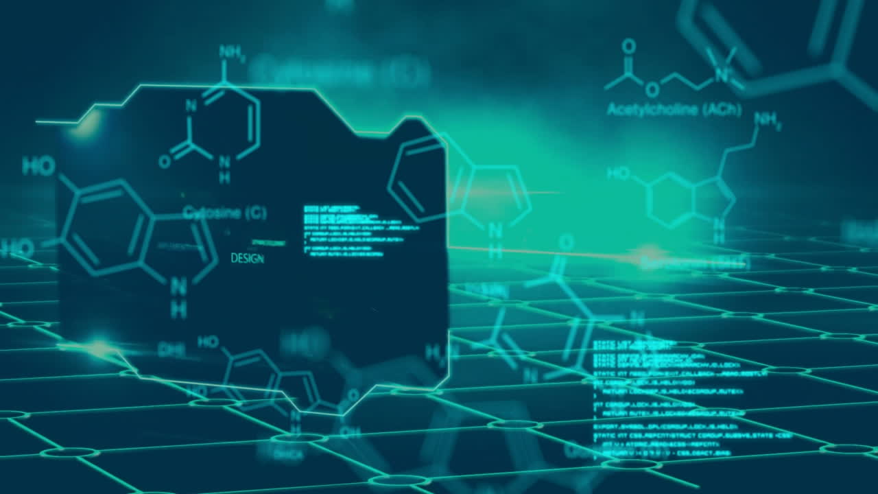 Chemical formulas and molecular structures animation over grid background