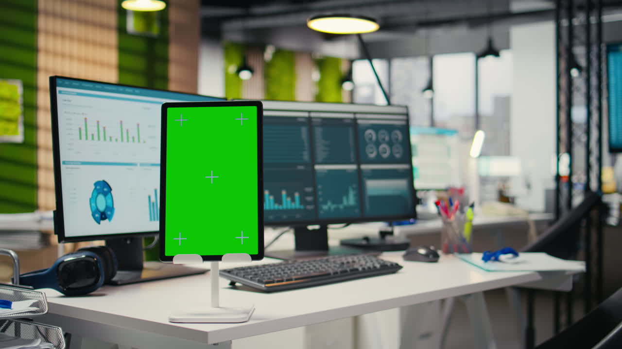 Vertical Video Empty corporate office includes analytics tools and mockup on tablet