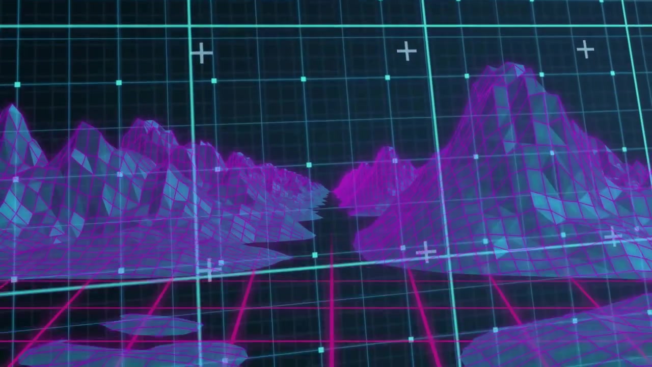 Retro Synthwave Style Digital Landscape with Moving Wireframe Mountains