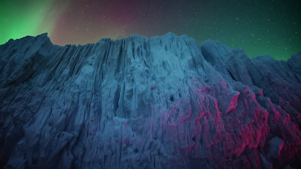 Shifting aurora band illuminating tall ice cliff at night with star field, showing magenta hues
