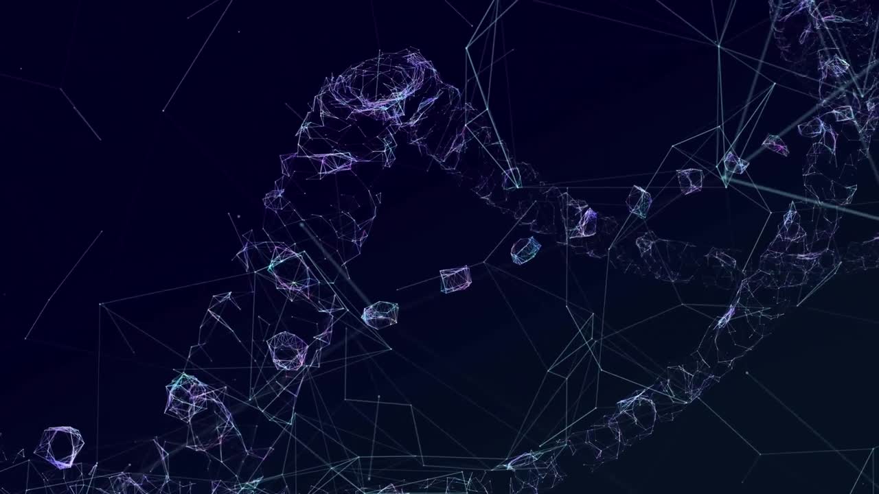 Animaatio yhteyksien verkostosta ja DNA-juosteista tummalla taustalla.