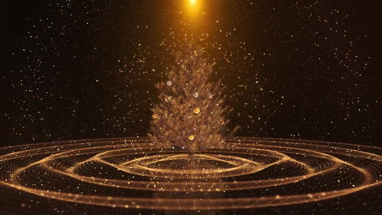 Albero di Natale dorato particelle scintillanti scie luminose circolari ornamenti un caldo riflettore
