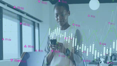 animation of statistical data processing against african american man using smartphone at office