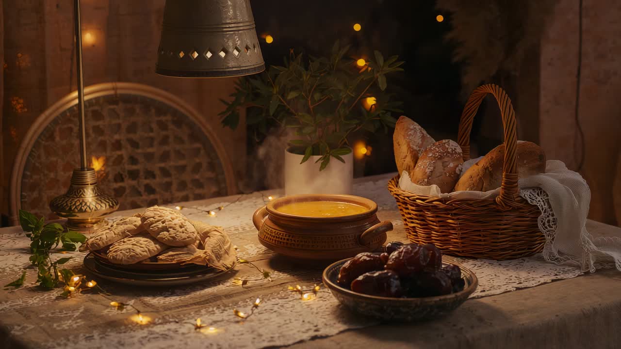 Brass lamp casting glow, home table showing steam rising from soup, tiny lights, bread rolls