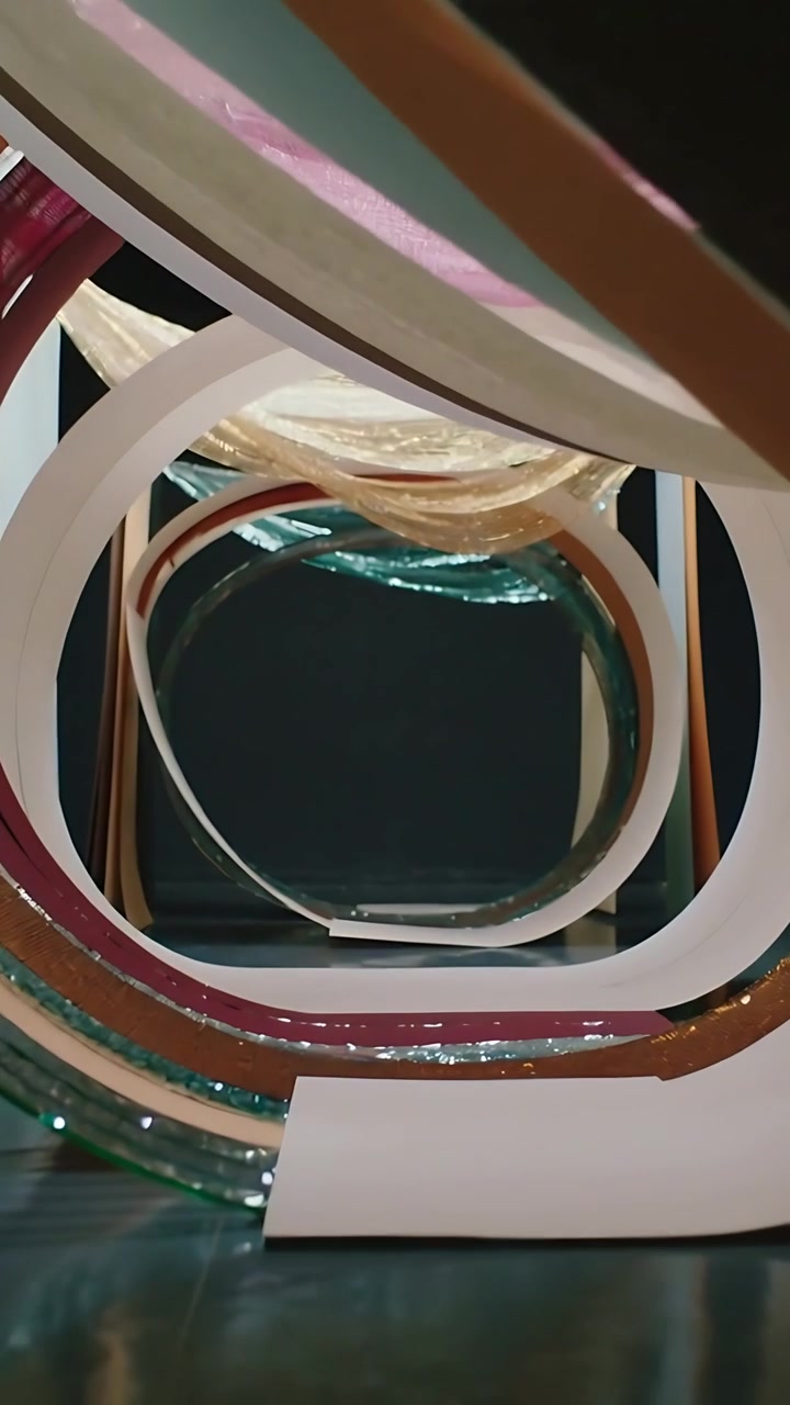 Video vertical: Cámara avanzando en una galería, revelando anillos anidados y una abertura oscura interior