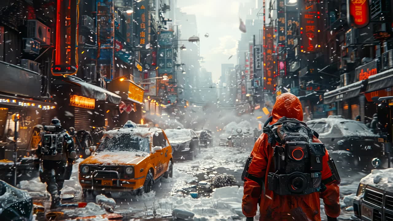 Figura solitaria in una città invernale. Una persona con abbigliamento arancione brillante cammina attraverso un paesaggio urbano innevato, ricco di insegne al neon colorate e veicoli