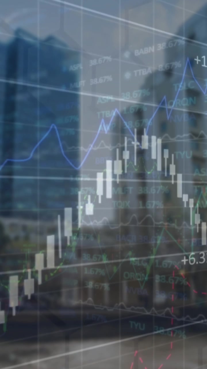 Animación de procesamiento de datos financieros y del mercado bursátil sobre edificios altos