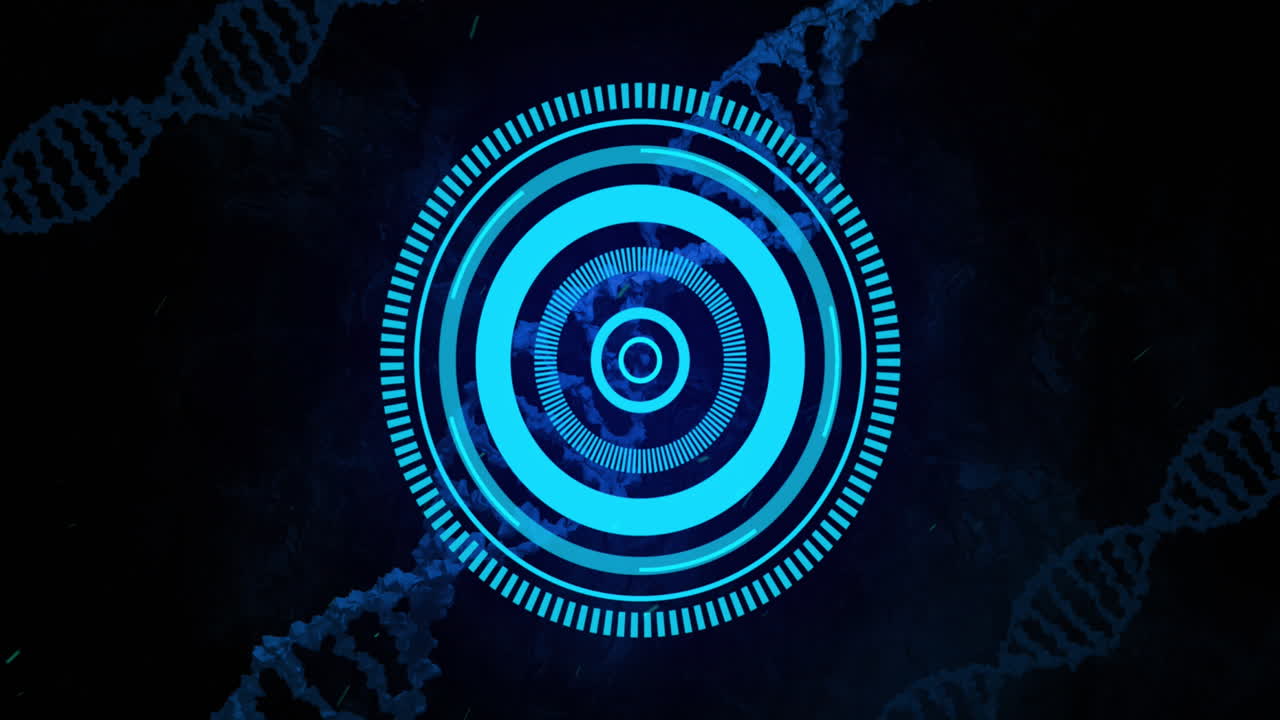 animación de escáner redondo de neón y estructuras de adn contra un fondo negro