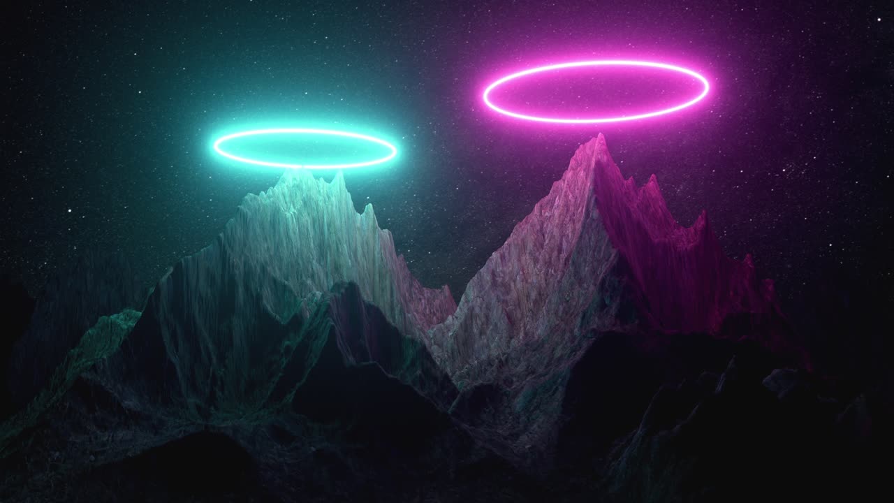 montañas de neón bajo una noche estrellada