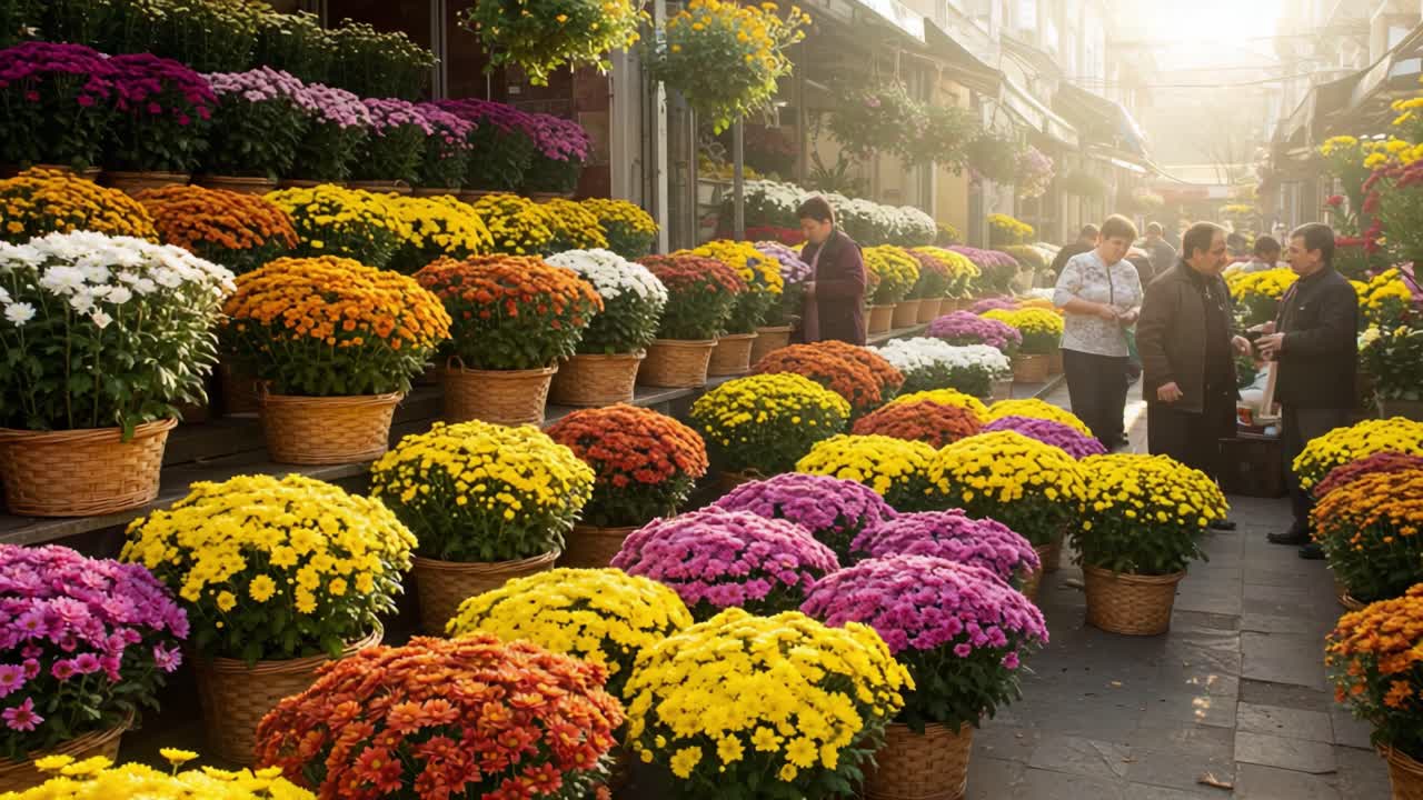 Vibrant Flower Market Scene: A Lively Display of Colorful Chrysanthemums and Engaged Shoppers Exploring the Bountiful Beauty of Nature in an Outdoor Setting