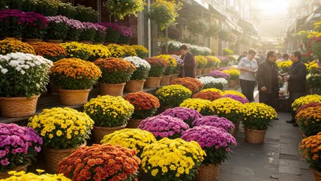 vibrant flower market scene: a lively display of colorful chrysanthemums and engaged shoppers exploring the bountiful beauty of nature in an outdoor setting