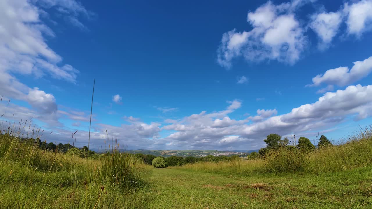 Fast Timelapse Over Long Grass Field on Wide Angle Lens with Clouds Moving Quickly and Fading as they Move Across the Blue Sky Background. Cit Grass with Path Leading to Hills and Forest