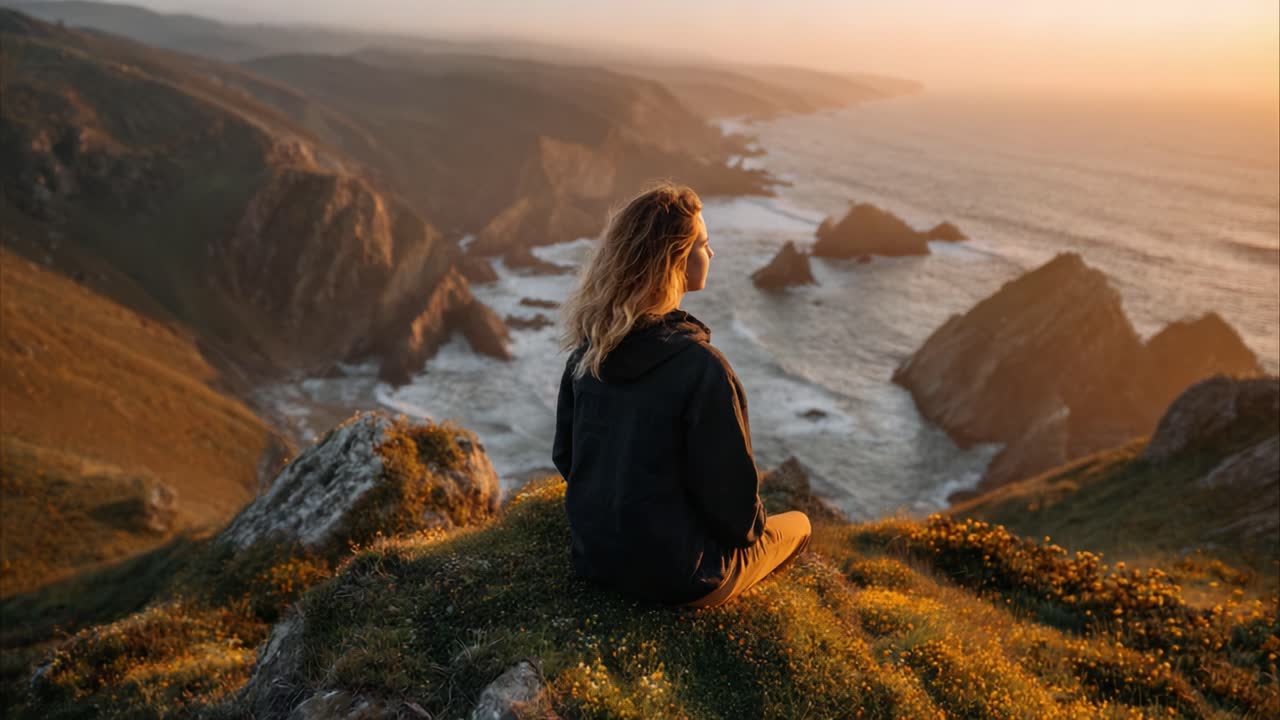 A Serene Moment at Sunset: A Woman Contemplates Nature's Beauty Overlooking Rocky Coastline During Golden Hour with Tranquil Ocean Waves and Scenic Landscape