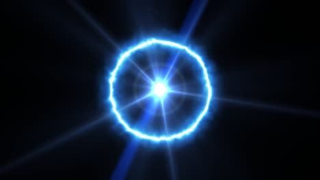 blue circle with glowing core.abstract digital flrare background with blue neon box circle.ring of power with lens flare effect.abstract neon background. glowing circle frame