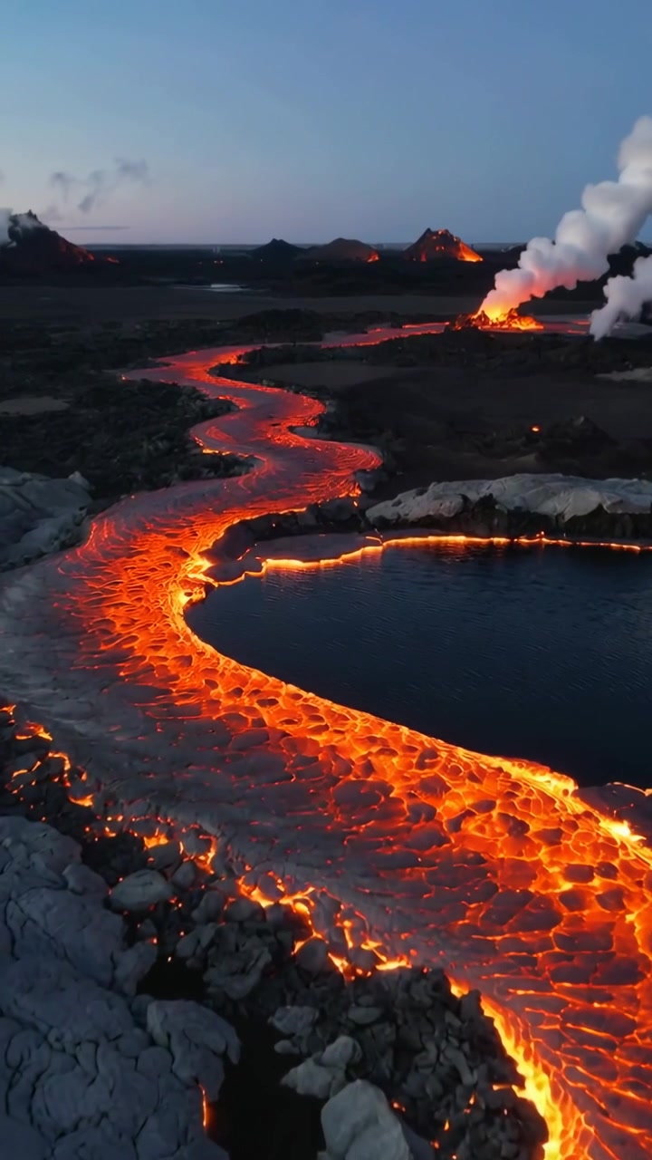Vertical video: Erupting vent sending lava river advancing across lava field toward pond, steaming