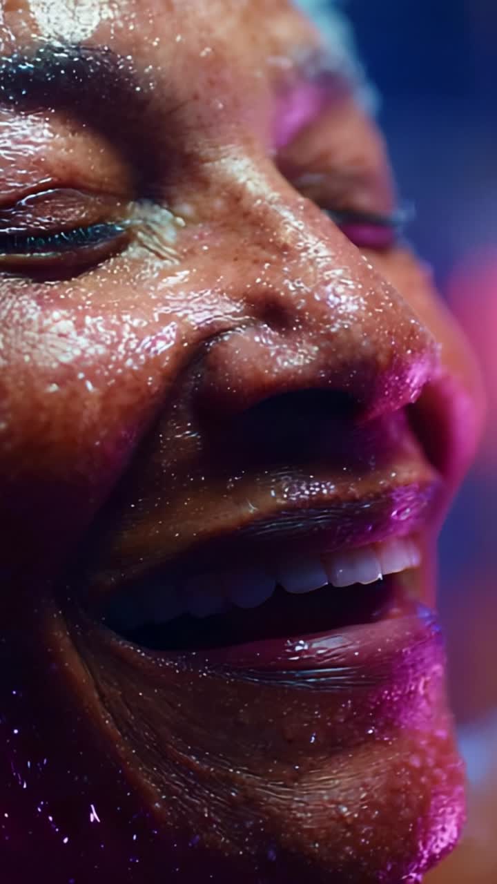 Close-Up of a Joyful Individual's Face with Radiant Skin and a Blissful Smile, Capturing the Essence of Happiness and Vitality Through Vibrant Colors