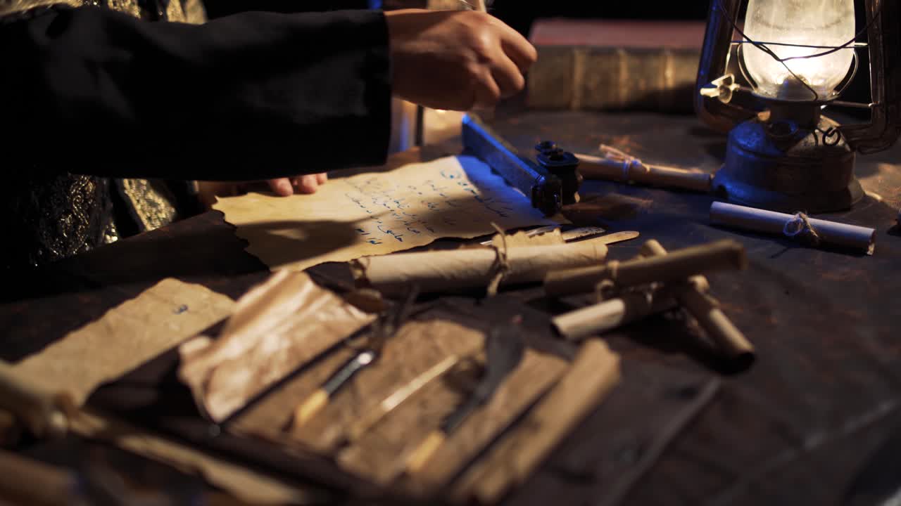 video histórico. carta escrita a mano con pluma en la antigüedad.