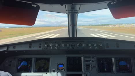 real time view of an airbus taking off, shot from the cockpit, as seen by the pilots