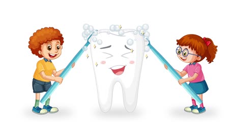 Two children use oversized toothbrushes to clean a smiling cartoon tooth, creating foam and revealing a sparkling, healthy result in a bright, playful style