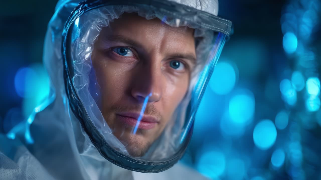 Primo piano di uno scienziato con indumenti protettivi, concentrato in mezzo a uno sfondo bluastro, che cattura l'intensità della ricerca scientifica e dell'esplorazione in un ambiente dinamico.