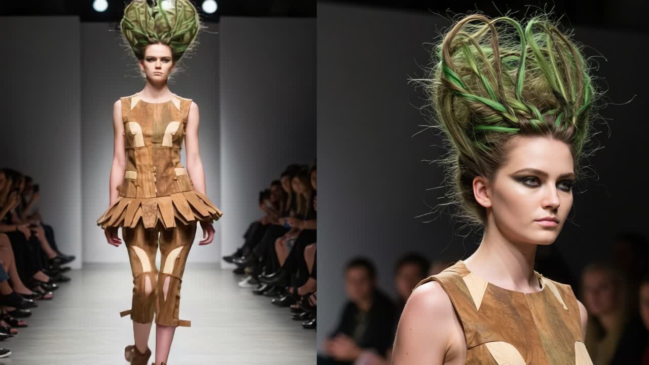 Design di moda innovativo che presenta un abito unico ispirato a capelli e legno in una sfilata ad alta energia, catturando il pubblico con uno styling all'avanguardia