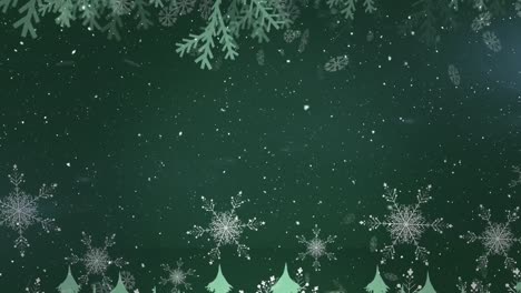 Animation-of-snow-falling-over-green-background