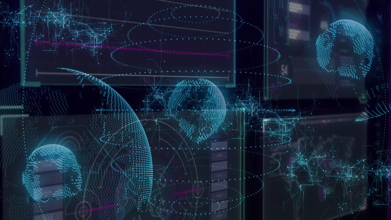 Digital globe and network connections animation over futuristic data interface