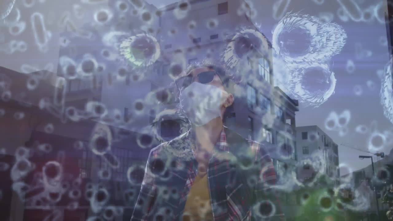 animación de células de covid-19 que se mueven sobre una mujer con máscara facial